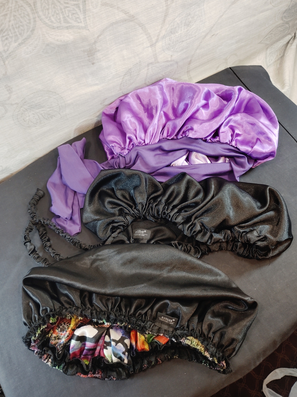 3pc Reversible Black and Purple  Hair Bonnets - Gentle Night Protection